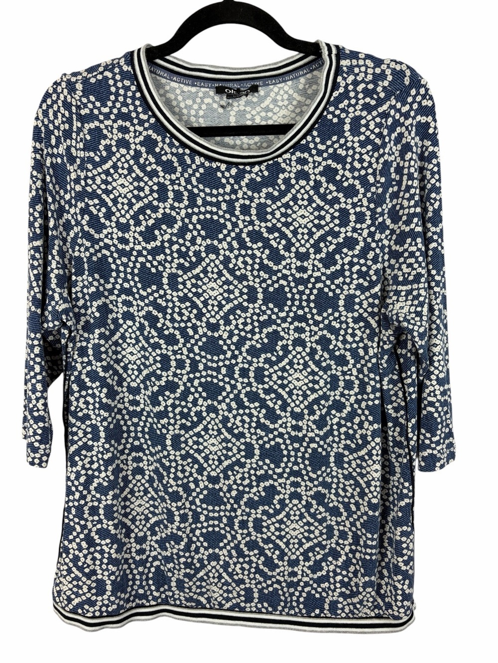 Olsen Blue & White Printed Knit Top 3/4 Sleeve Striped Trim Large (14)